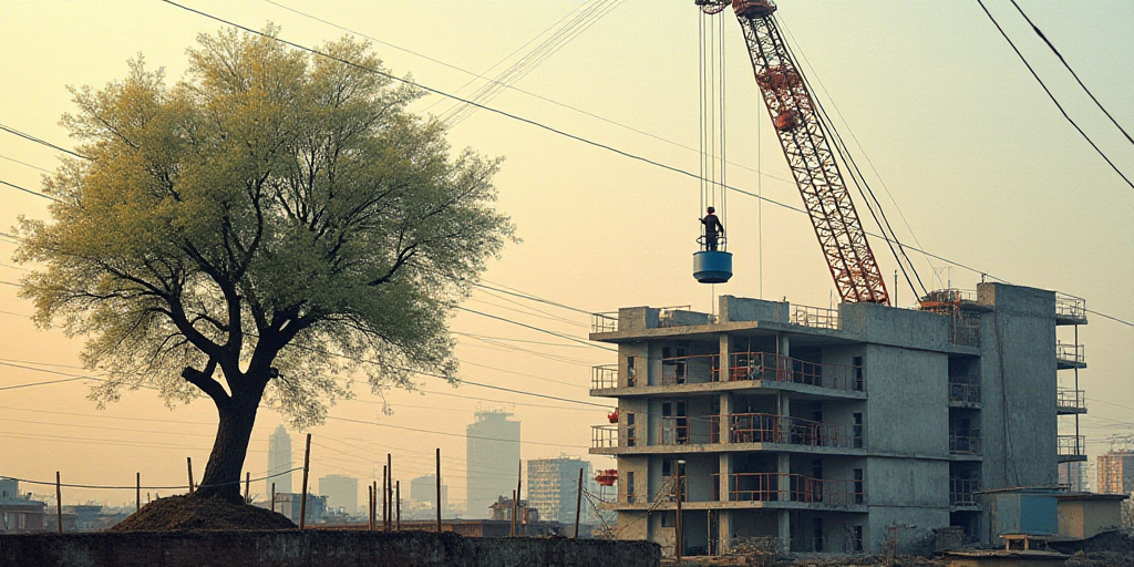 a man in a crane is working on a building with a crane in the background and a tree in the foregroun