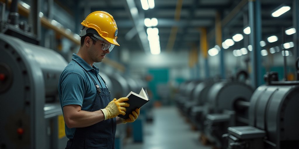 a man in a factory with a pair of safety gloves on his hands and a book in his hand, Andries Stock,