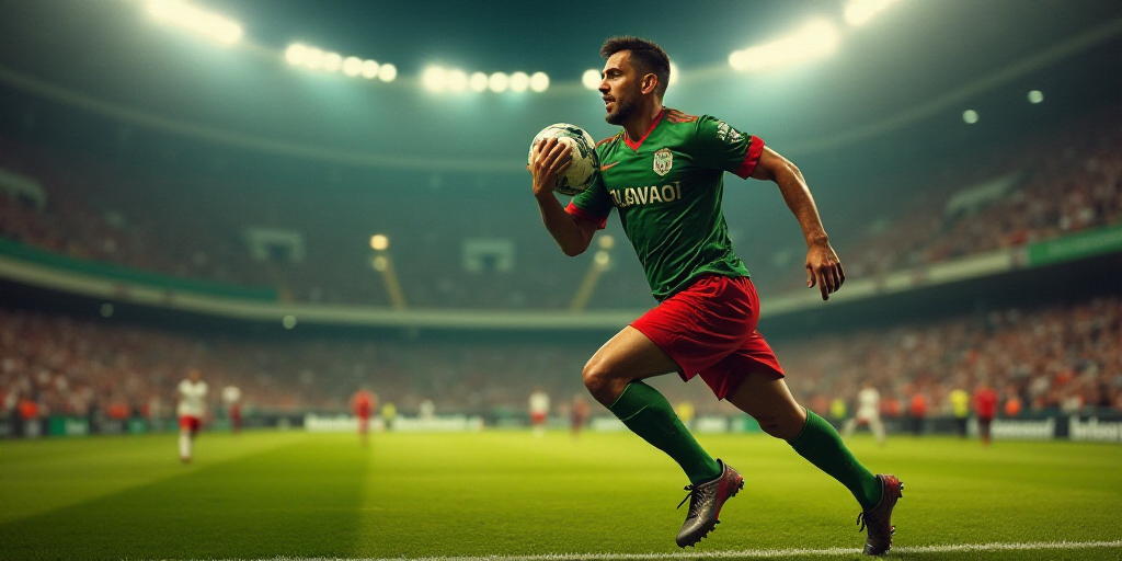 a man in a green and red shirt is running in a stadium with a ball in his hand and a stadium lights