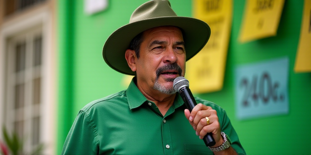 a man in a green shirt and hat holding a microphone in front of a wall with green and yellow signs,