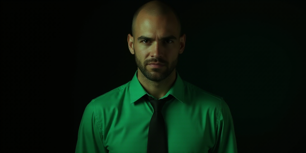 a man in a green shirt and tie looking at the camera with a dark background and a black background,