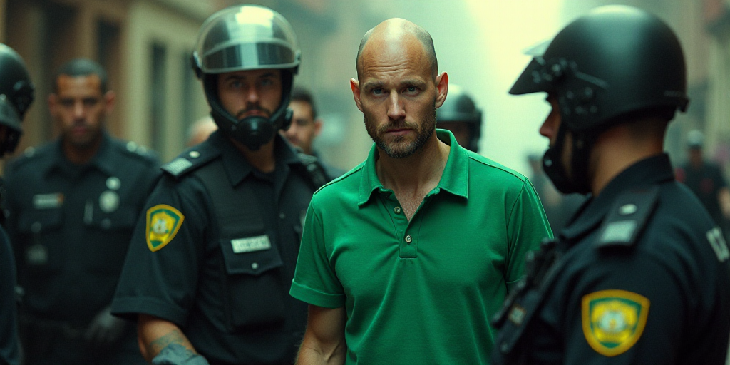 a man in a green shirt is surrounded by police officers and a man in a black shirt is looking at the