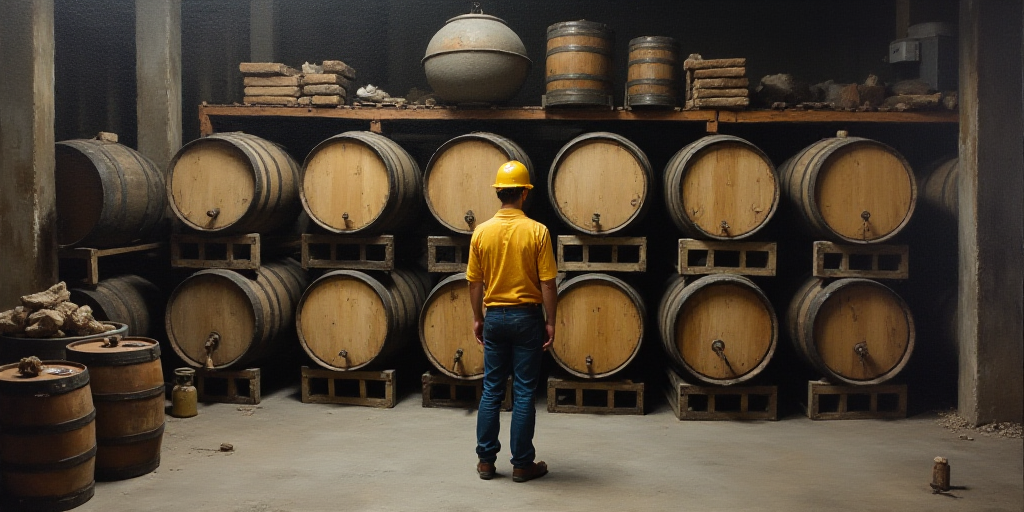 a man in a hard hat is standing in front of a rack of barrels and other items in a warehouse, Andrie