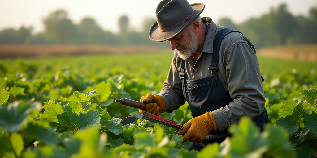 a man in a hat and gloves is picking plants in a field with a saw and a tool in his hand, Don Arday,