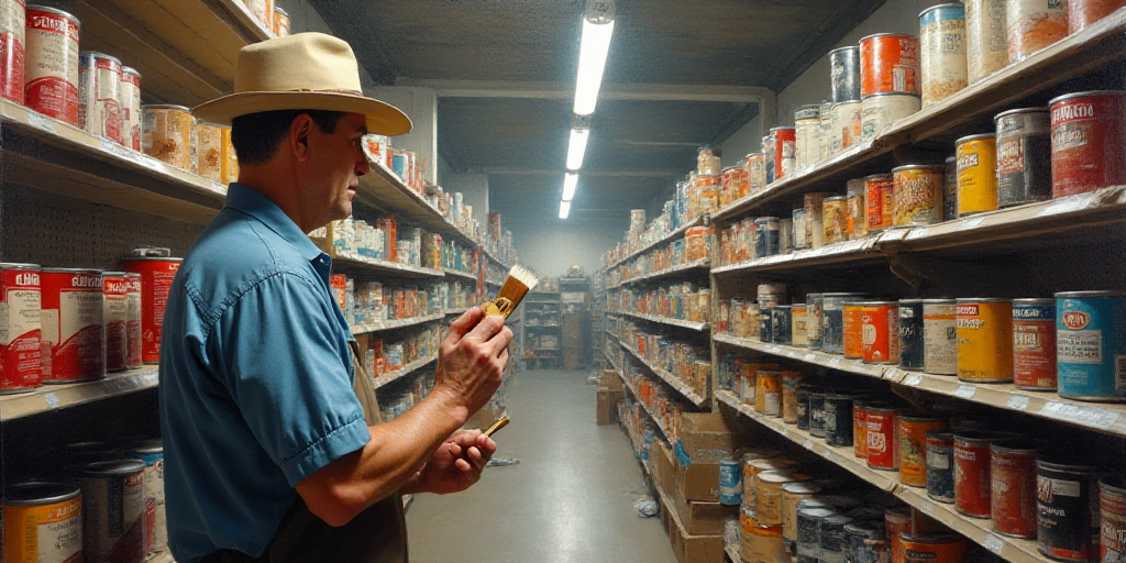 a man in a hat is holding a paintbrush in a store aisle with shelves of paint and other items, Arlin