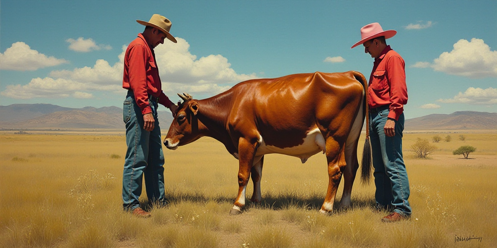 a man in a hat is milking a cow with another man in a red shirt and a pink hat, Félix Arauz, pbr, a