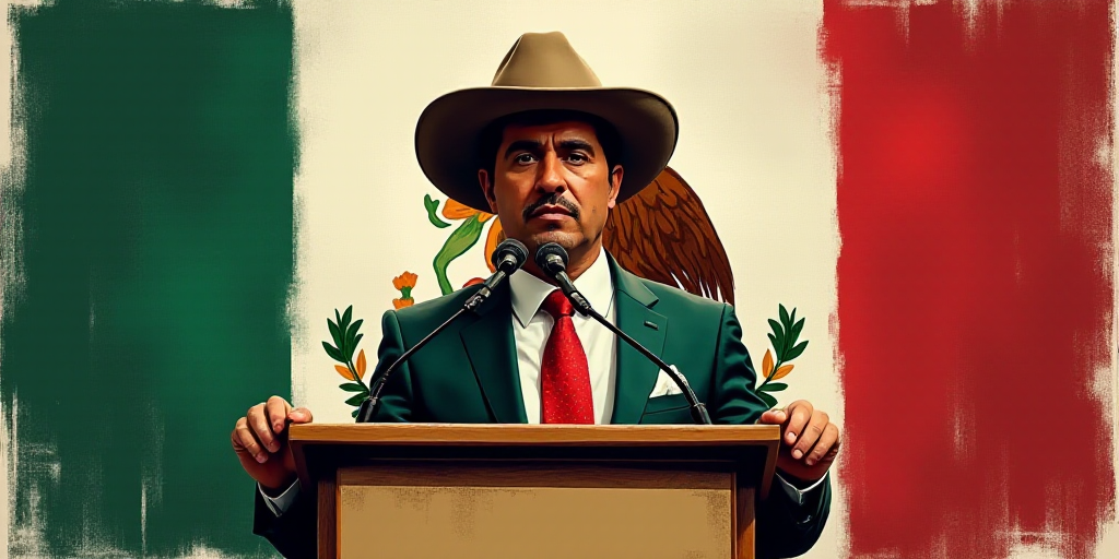 a man in a hat standing at a podium with a mexican flag behind him and a sign behind him, Enrique Gr