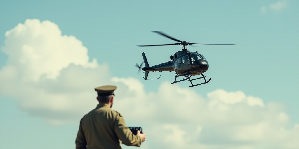 a man in a military uniform is flying a remote control helicopter in the sky with a man in a militar