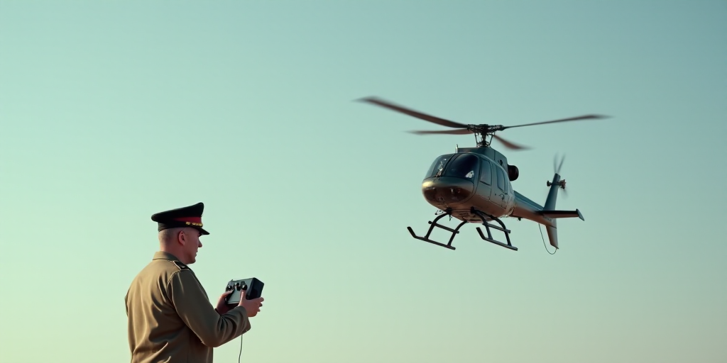 a man in a military uniform is flying a remote control helicopter in the sky with a man in a militar