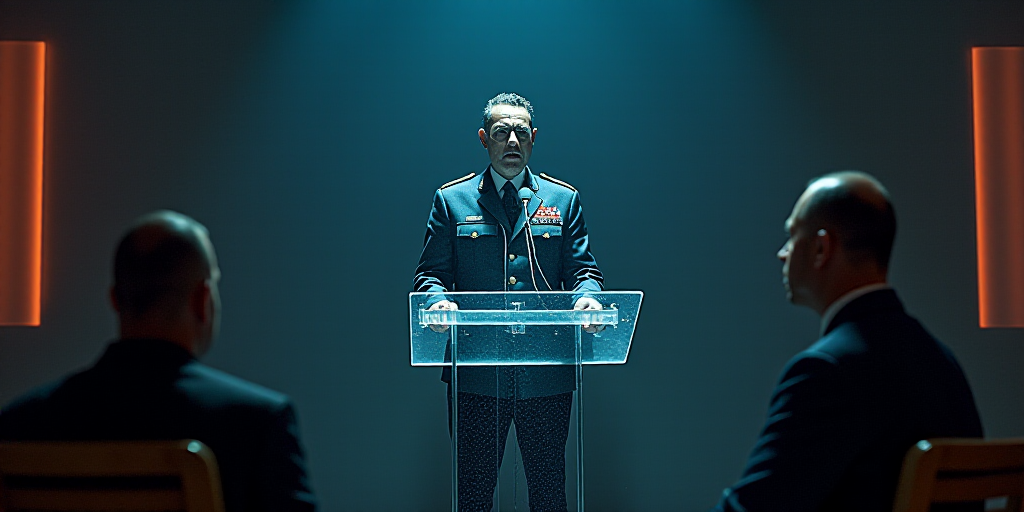 a man in a military uniform standing at a podium with two men in suits and ties sitting in chairs, C