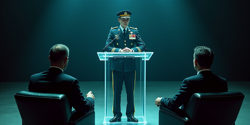 a man in a military uniform standing at a podium with two men in suits and ties sitting in chairs, C