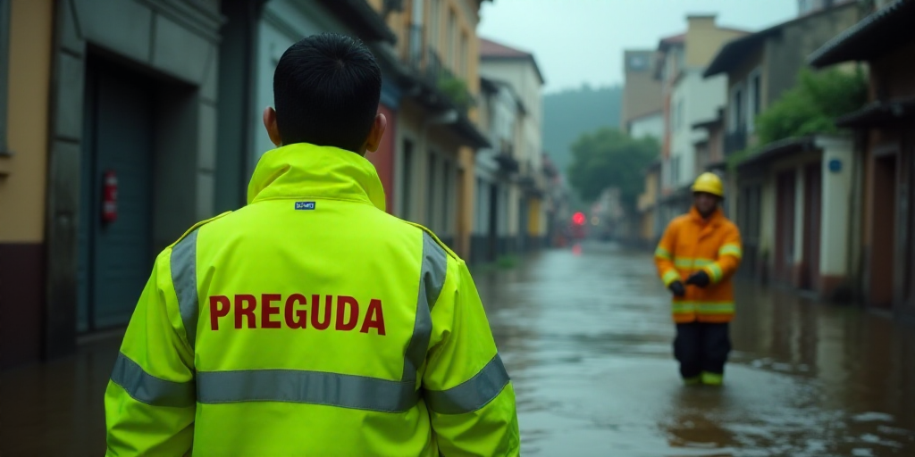 a man in a neon green jacket is standing in a flooded street with a fireman in a neon green jacket,