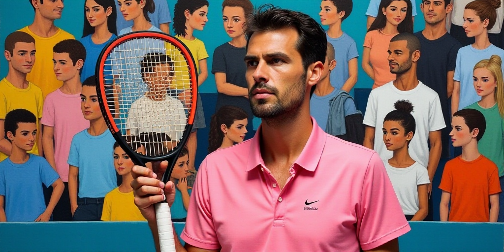 a man in a pink shirt holding a tennis racquet in front of a crowd of people on a tennis court, Anto