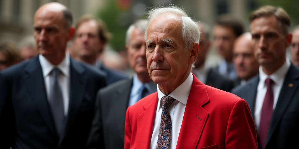 a man in a red and white outfit and other people in suits and ties and one man in a red and white sh