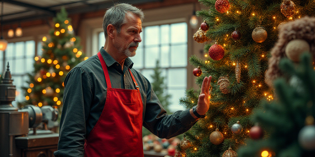 a man in a red apron is looking at a machine in a store with christmas trees and other decorations,