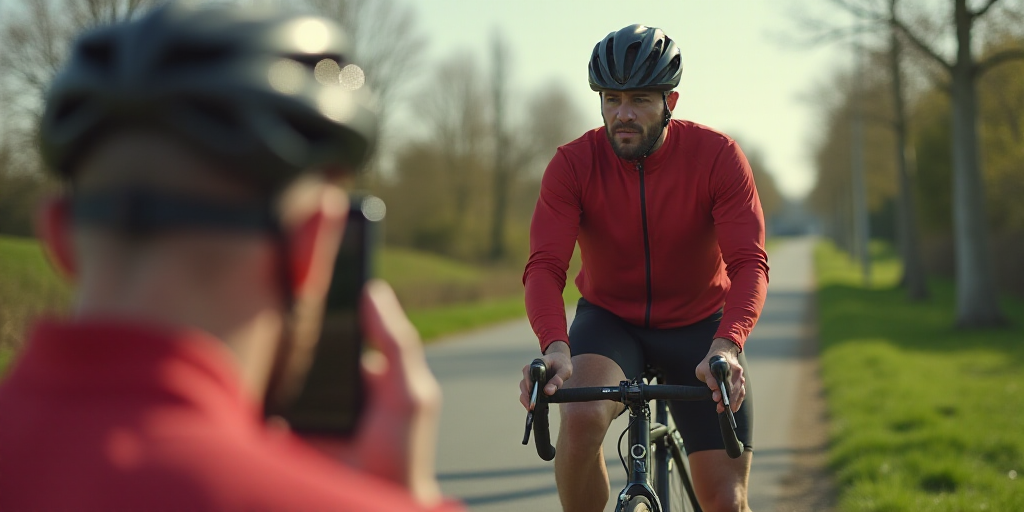 a man in a red jersey is riding a bike and taking a picture of himself with a camera on his phone, E