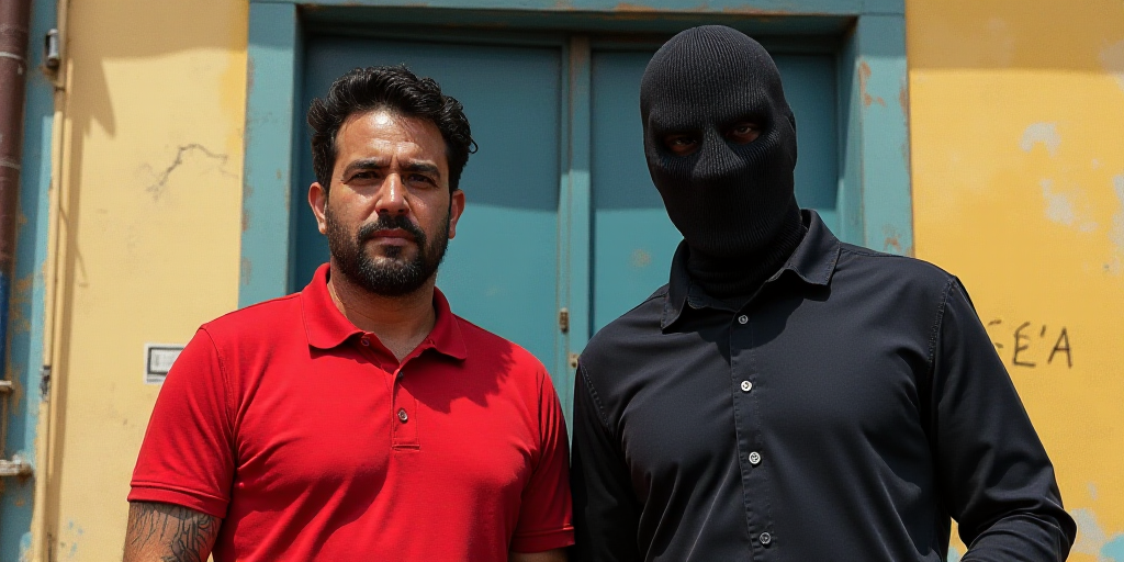 a man in a red shirt and a man in a black mask are standing in front of a building, Estuardo Maldona