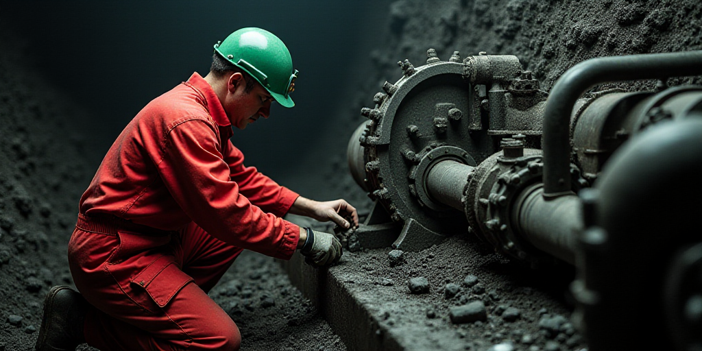a man in a red uniform and a green helmet working on a piece of machinery in a coal mine, Clovis Tro
