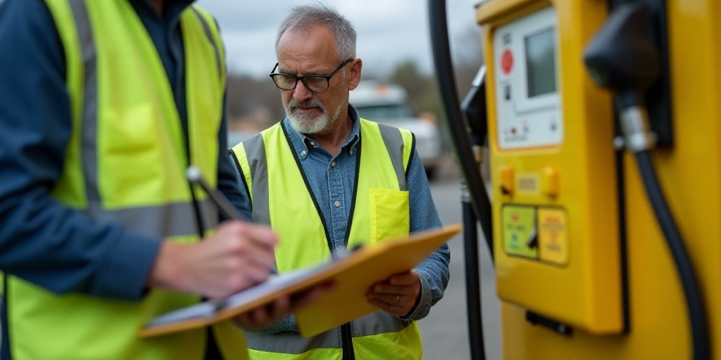 a man in a safety vest writing on a clipboard next to a yellow gas pump and a yellow clipboard, Denn