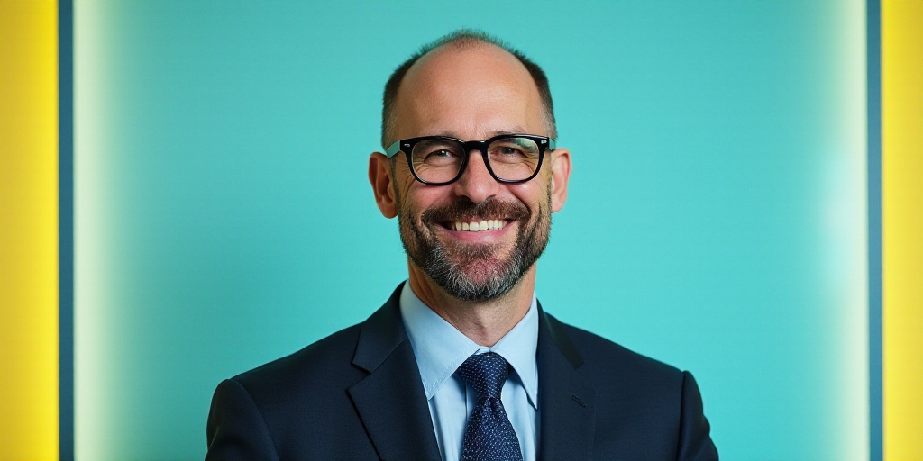 a man in a suit and glasses is smiling for the camera with a blue background and a yellow border, Ed