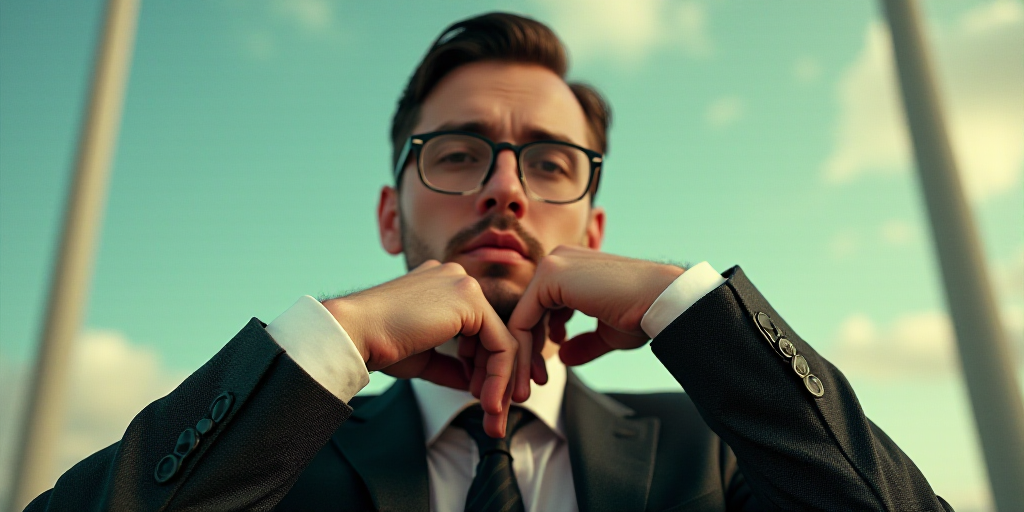 a man in a suit and glasses is posing for a picture with his hands on his chins and his chin resting