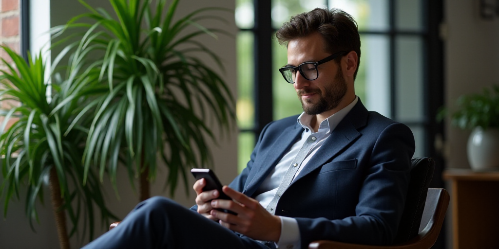 a man in a suit and glasses looking at a cell phone while sitting in a chair in front of a potted pl