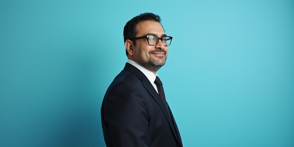 a man in a suit and glasses standing in front of a blue background with a black and white photo, Est