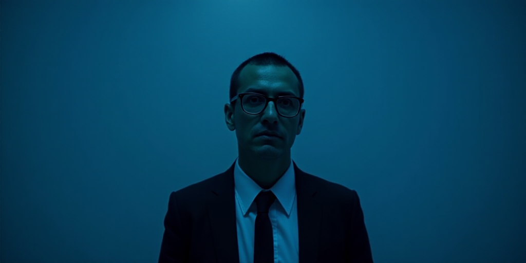 a man in a suit and glasses standing in front of a blue background with a caption that reads,, Estua