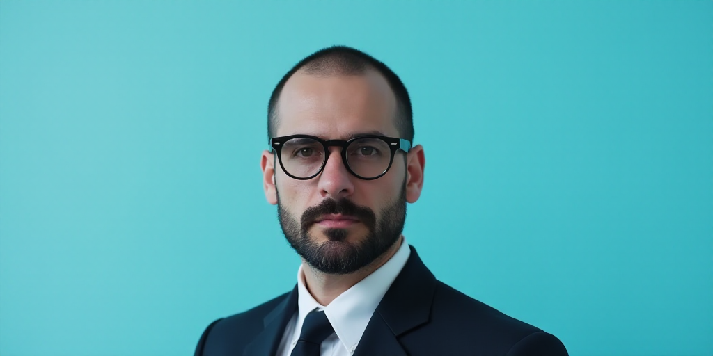a man in a suit and glasses standing in front of a blue background with a black and white photo, Est