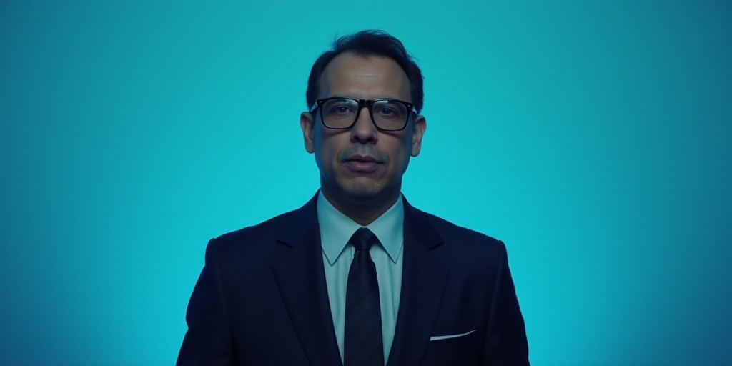 a man in a suit and glasses standing in front of a blue background with a caption that reads, gerado
