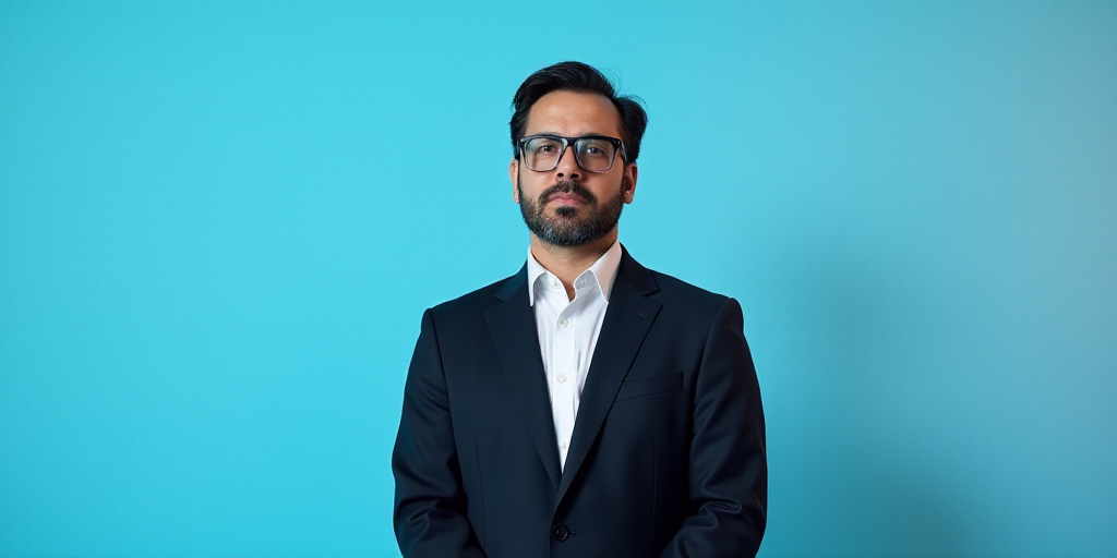 a man in a suit and glasses standing in front of a blue background with a black and white photo, Est