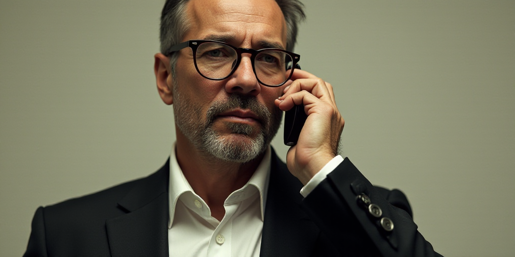 a man in a suit and glasses talking on a cell phone while wearing a white shirt and black jacket, Ca