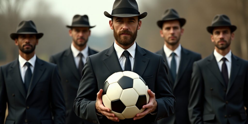 a man in a suit and hat holding a soccer ball in front of other men in suits and ties, Bourgeois, vf