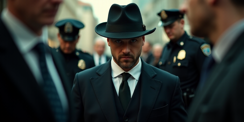a man in a suit and hat is surrounded by police officers and a man in a suit and tie, De Hirsh Margu