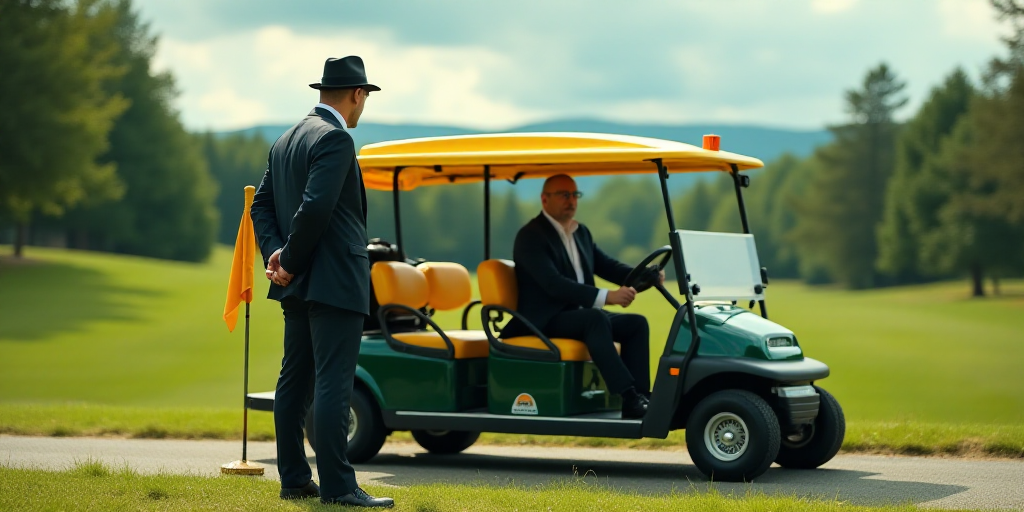 a man in a suit and hat standing next to a golf cart with a yellow top on it and a yellow golf club,