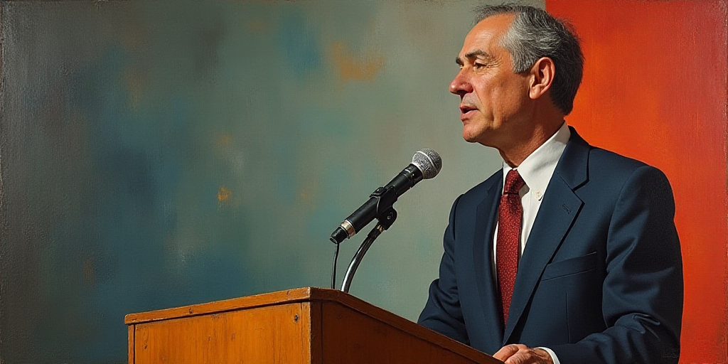 a man in a suit and tie giving a speech at a podium with a microphone in front of him, Eduardo Lefeb