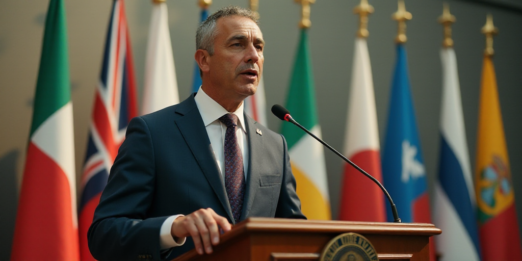 a man in a suit and tie giving a speech at a podium with flags behind him and a microphone in front