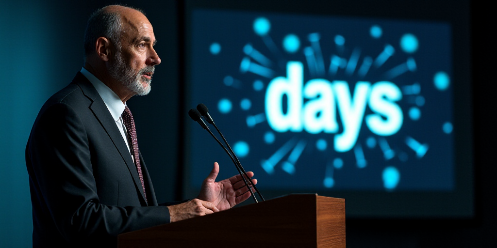 a man in a suit and tie giving a speech at a podium with a sign behind him that says days, Edward Be