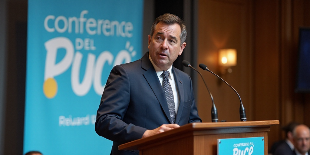 a man in a suit and tie giving a speech at a podium with a banner behind him that reads conference d