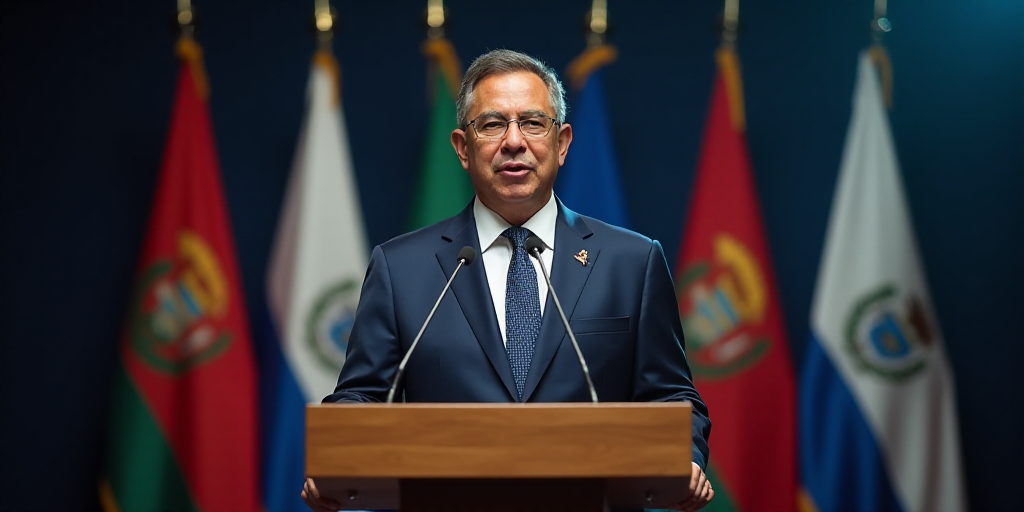 a man in a suit and tie giving a speech at a podium with flags behind him and a microphone in front