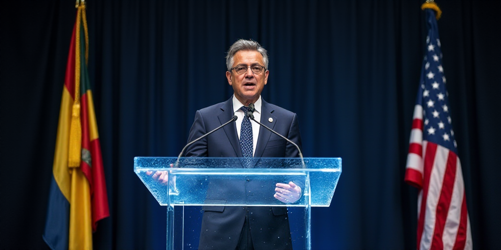 a man in a suit and tie giving a speech at a podium with flags behind him and a microphone in front