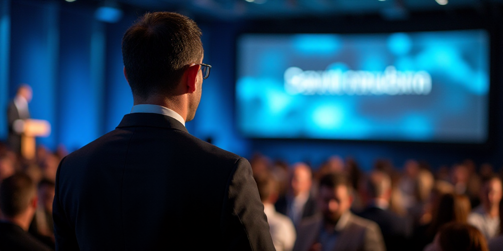 a man in a suit and tie giving a speech at a conference hall with a screen behind him that says,, da