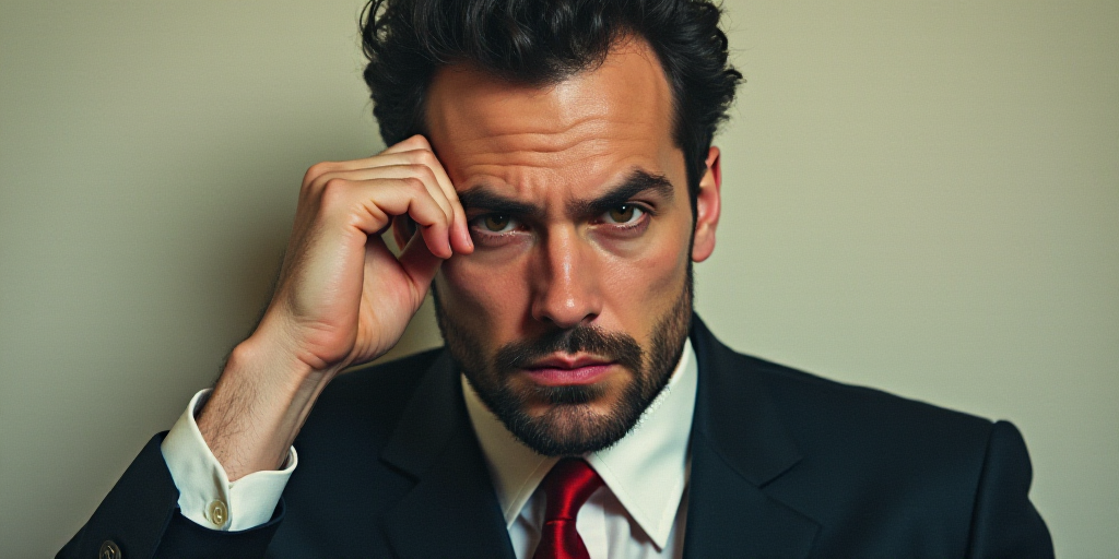 a man in a suit and tie holding his hand to his face with a serious look on his face, Carlos Catasse