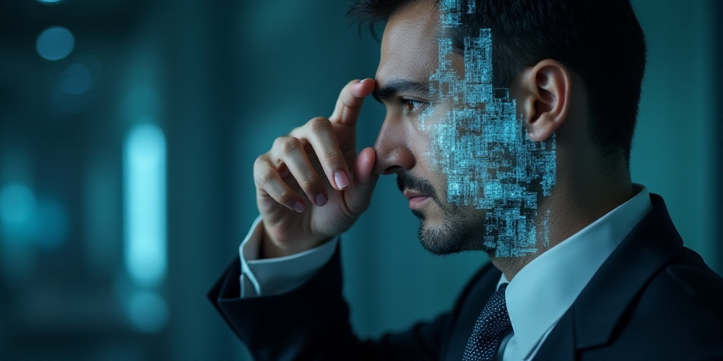 a man in a suit and tie holding his hand to his face with both hands and a finger on his temple, Est