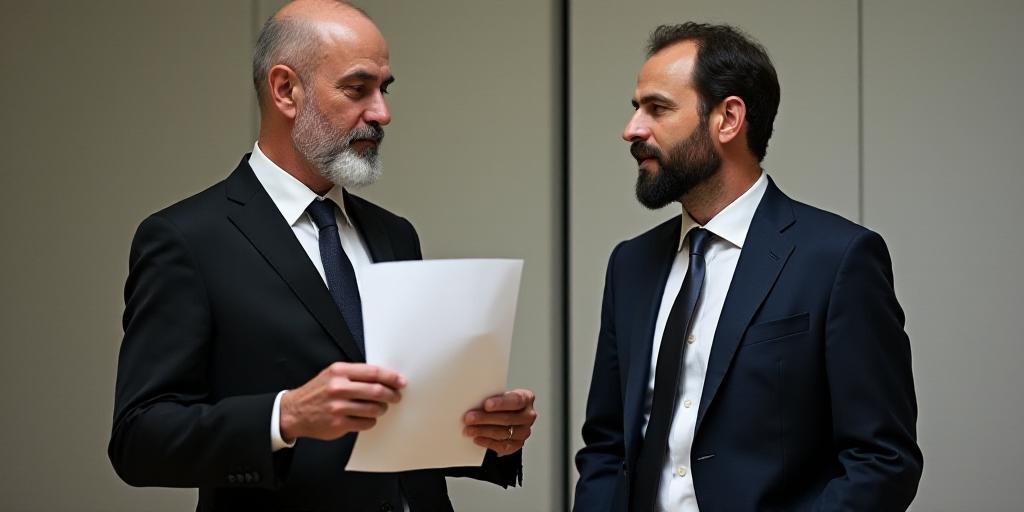 a man in a suit and tie holding a piece of paper in his hands while standing next to another man, Ed