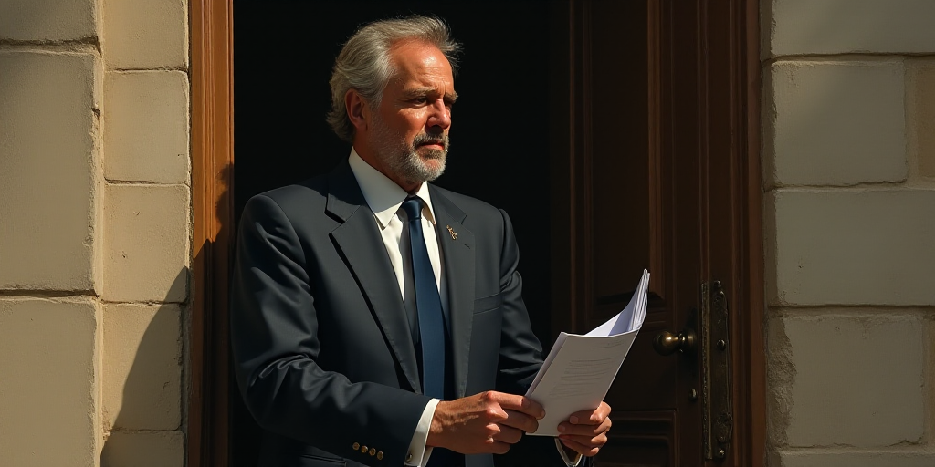 a man in a suit and tie holding a folder in his hand and looking out of a doorway with a door handle