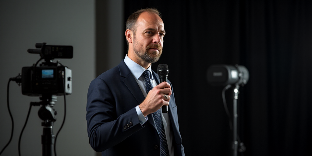 a man in a suit and tie holding a microphone in front of a backdrop with a video camera and a microp