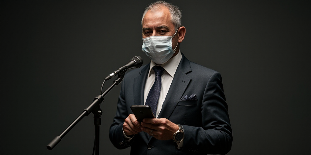 a man in a suit and tie holding a cell phone and wearing a face mask while standing in front of a mi