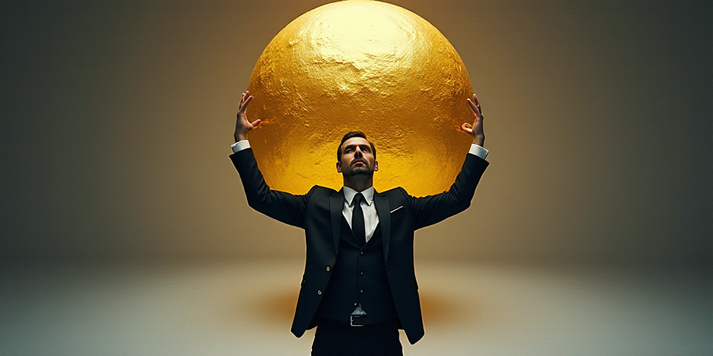 a man in a suit and tie holding up a large golden ball in front of a wall of stock, Andries Stock, i