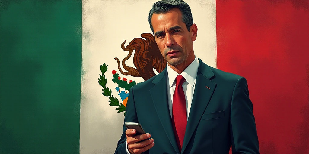 a man in a suit and tie holding a cell phone in front of a flag of mexico and a mexican flag, Federi